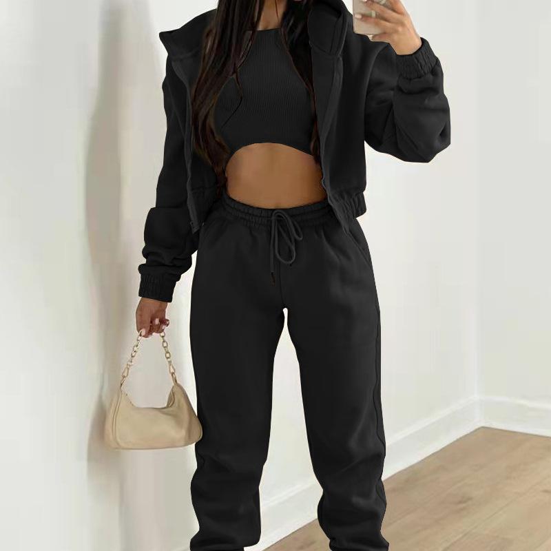 Spring and Autumn New Women's Clothing Solid Color, Simple Hooded Sweatshirt, Sports Casual Pants Three Piece Set