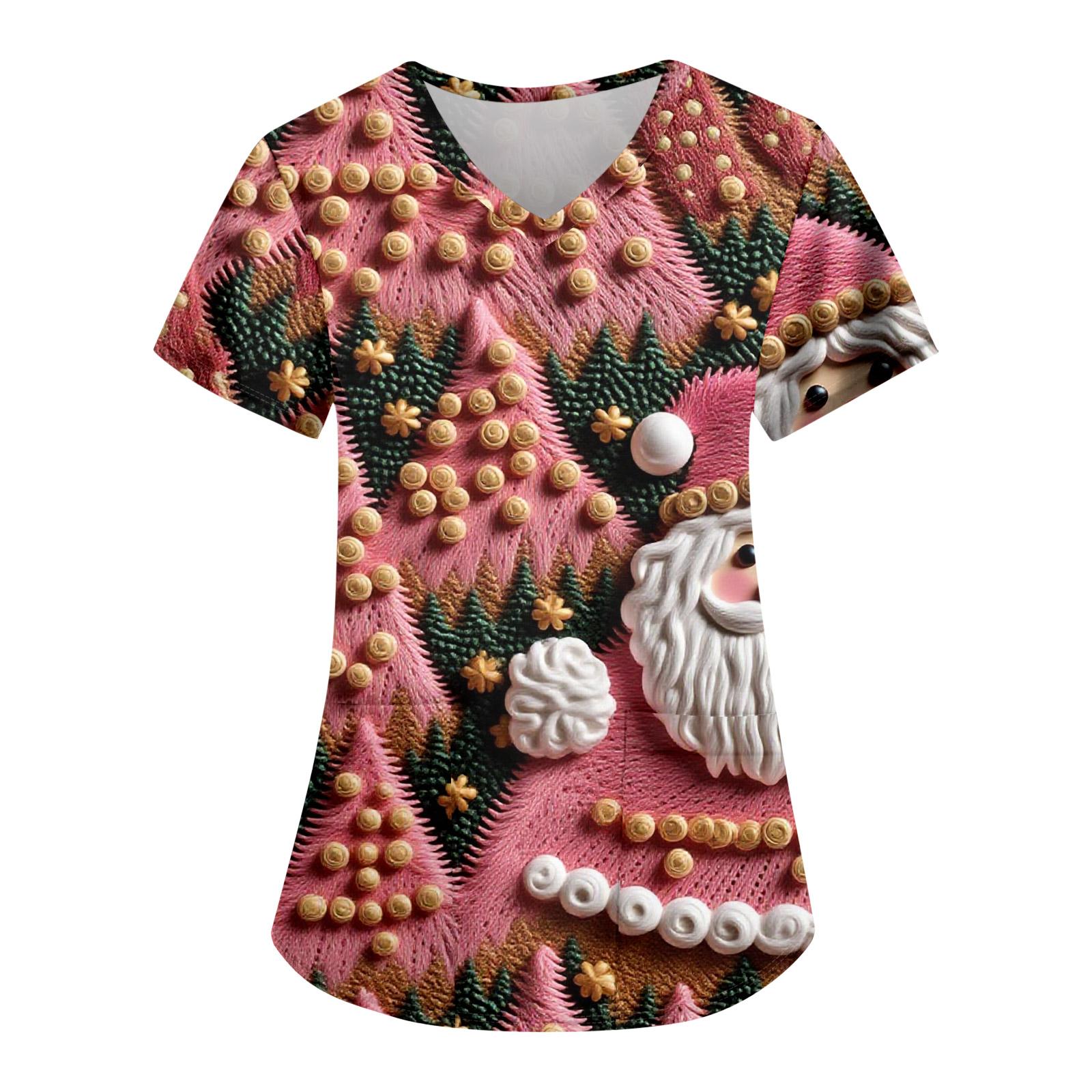 

Женская модная повседневная футболка с принтом на рождественскую тематику и карманом S винный