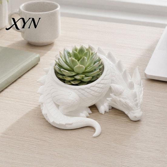 Metal Flower Pot 3D Printed Lying Dragon Flowerpot for Small Green Plants, Decorative Succulents Outdoor Indoor Plant Ornament, Dark Style Figurine