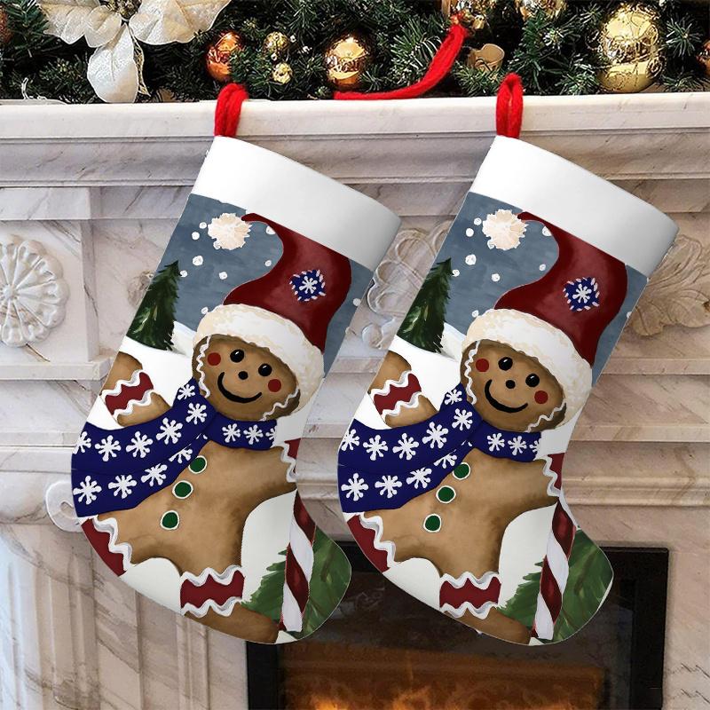 Christmas decoration fireplace hanging stocking 1pc 44.96X27.94 cm Santa Hat Gingerbread Man Scarf Candy Cane House Pine