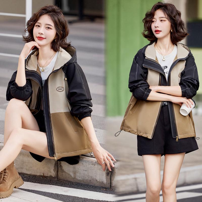 

2025 Женская толстовка с капюшоном, цветной блок, свободная, повседневная, с длинным рукавом, модная куртка L (115-130 jin) хаки