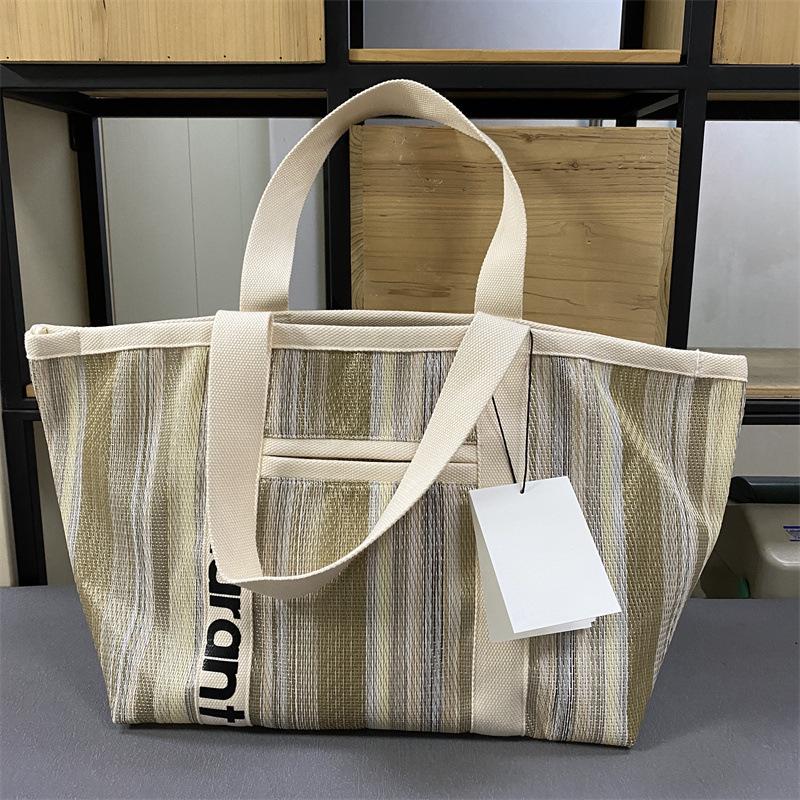 Rakuten Japan Korea Straw Woven Tote Bag with Colored Stripes - Casual Handbag for Shopping