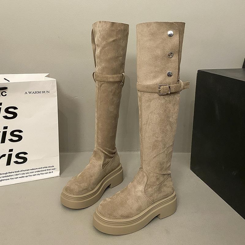 Two Wear Folded Knee Boots Small 2025 New Thick-soled Belt Buckle Western Boots Pile Boots Women