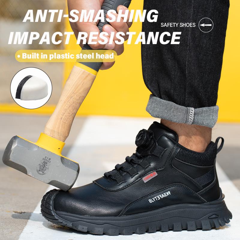 Waterproof Men Safety Shoes Rotating Button Labor Protection Shoes Leather Men's Work Boots with Steel Toe Protective Boots