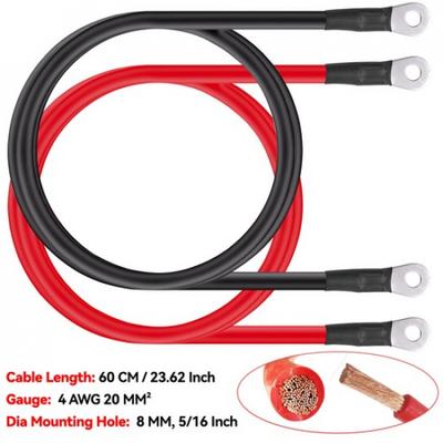 2PCs PVC Battery Inverter Cable Set 4 AWG Positive Negative Cable 60cm 8mm New
