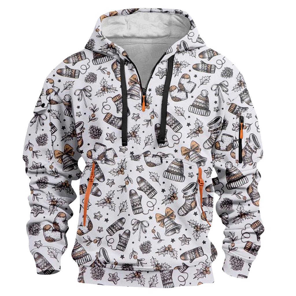 Sudadera deportiva casual de media cremallera con capucha y estampado navideño para hombre
