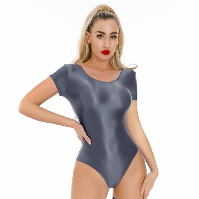 Sexy Women High Cut Bodysuit Sheer See Through Oil Glossy Shiny Elastic Tights Thong Yoga Leotard Maid Dance Wear