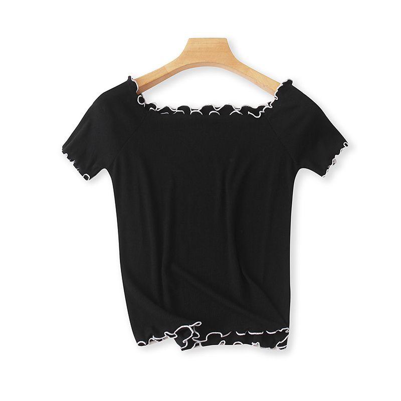 

Футболка с открытыми плечами, деревянной отделкой ушей, летняя новинка, футболка с коротким рукавом, тонкая вязка, облегающая, эластичная, экспортный женский топ Black L