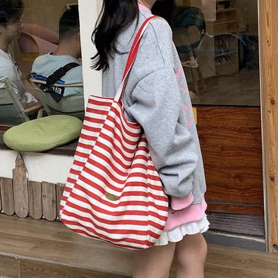 Niche High-value Double-sided Striped Canvas Bag, New Large-capacity Casual Versatile Commuter Shoulder Tote Bag