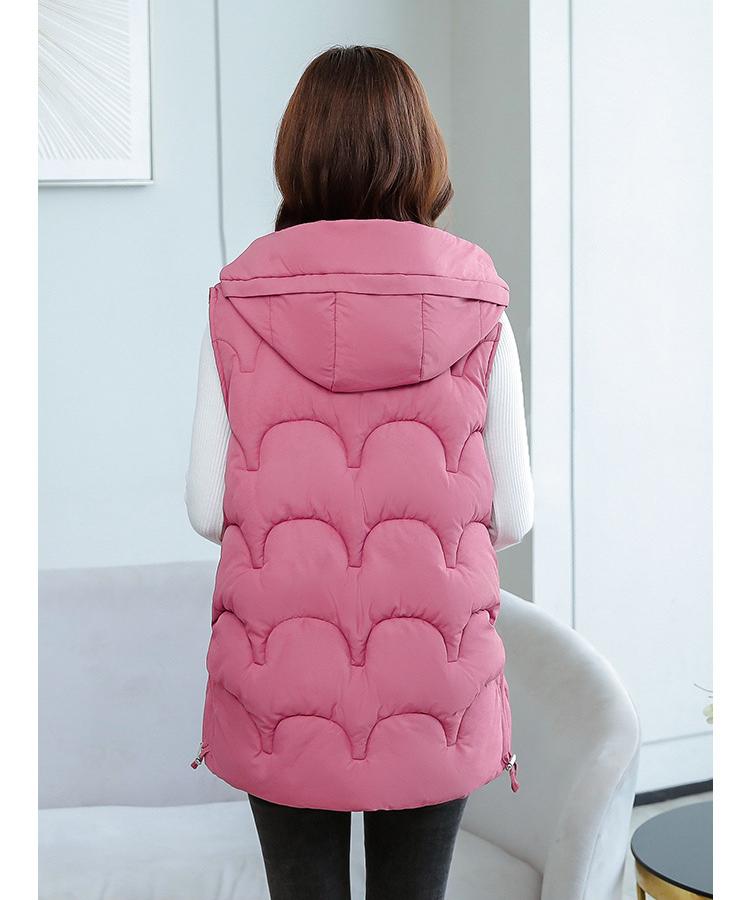 Autumn and Winter Women's Solid Color Loose Vest Drawstring Hooded Long Vest Jacket Cotton Padded Women's Windproof Warm Vest
