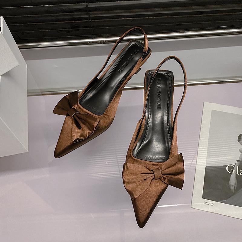 Low heel pointed head thin heel high heels women's bow temperament empty single shoes 2025 spring and summer bag head sandals women