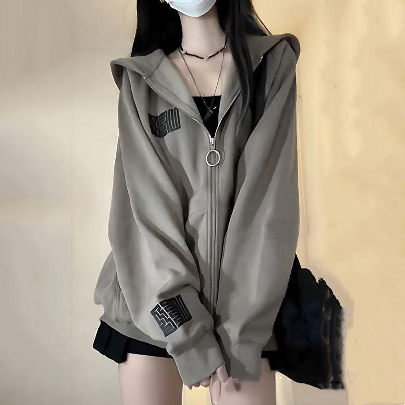 Women's Oversized Retro Streetwear Zip-Up Hoodie - Thin, Loose Fit for Autumn/Spring
