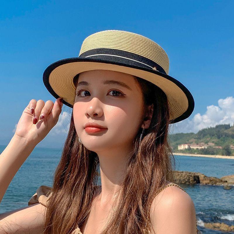 Hat Women's Summer British Hat Flat Top Short Brim Top Hat Outdoor Sun Protection Beach Resort Seaside Sun Hat