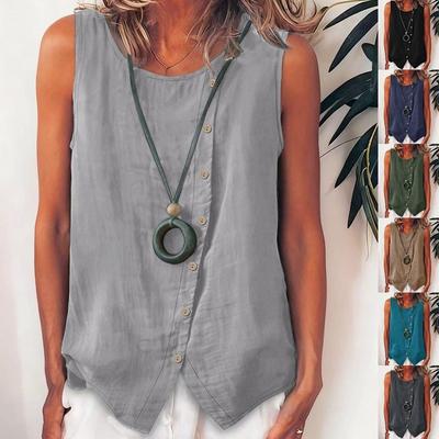 Women's Linen Blend Sleeveless Tank Top Button Detail Round Neck Casual Vest