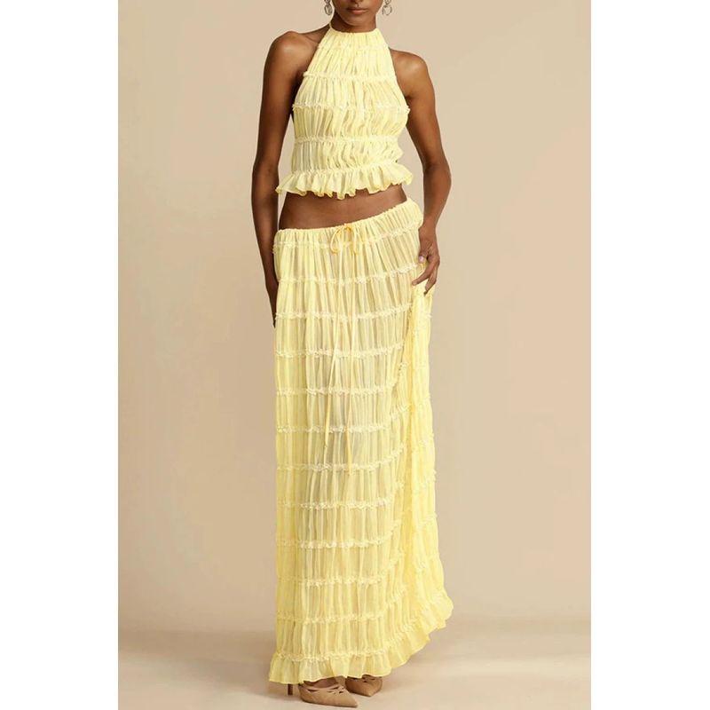 

Holiday Style Wear Set Pure Desire Beauty Back Short Halter Top Women Summer Pleat High Waist Skirt Two-piece Set Yellow S