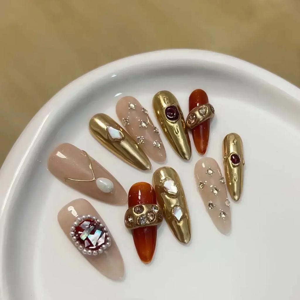 10 Pcs Long Almond Handmade Press On Nails With Rhinestones Reusable Stick On False Nails