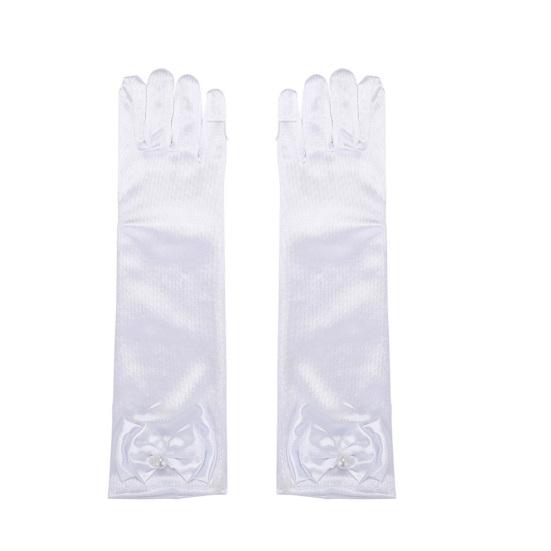 1 Pair Children Performance Gloves Faux Pearl Bow Decor Solid Color Full Fingers Satin Flower Girls Gloves Princess Style Cosplay Gloves