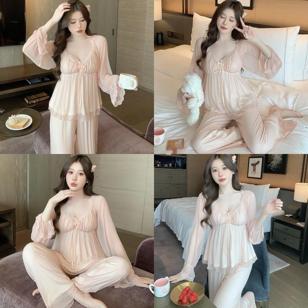 Moderm Silklike Pajama Set For Women With Vneck Long Sleeve Lounge Wear Lounge For Home Office