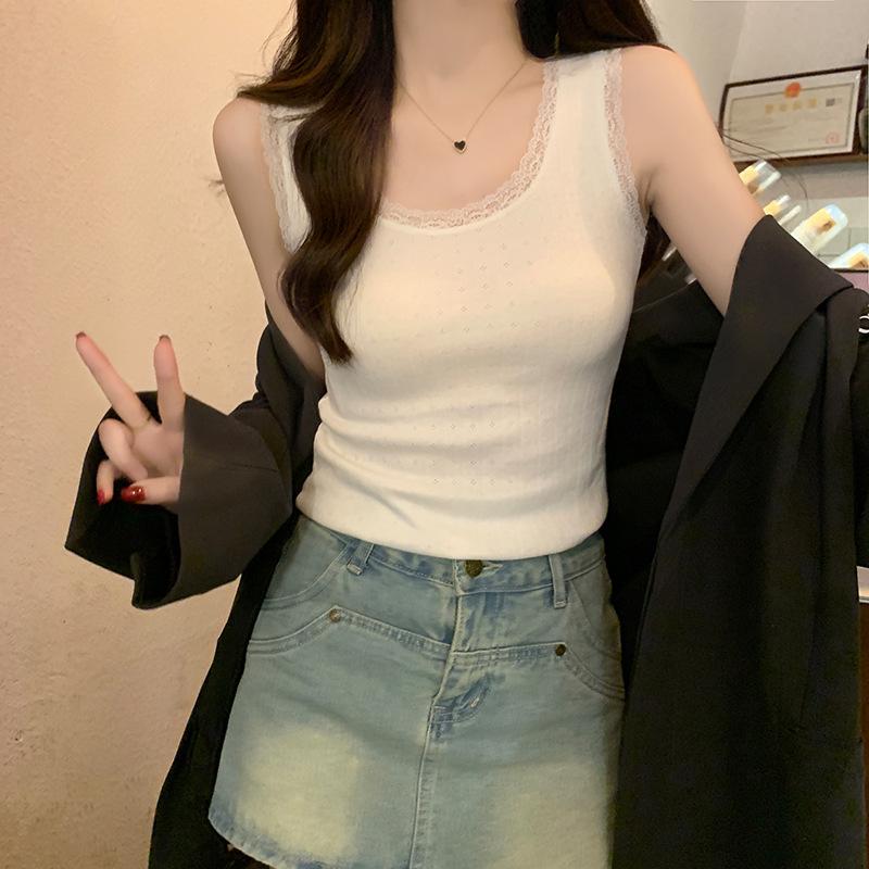 White lace edge suspender vest women s new wide shoulder strap bottoming shirt sleeveless short sleeveless top S