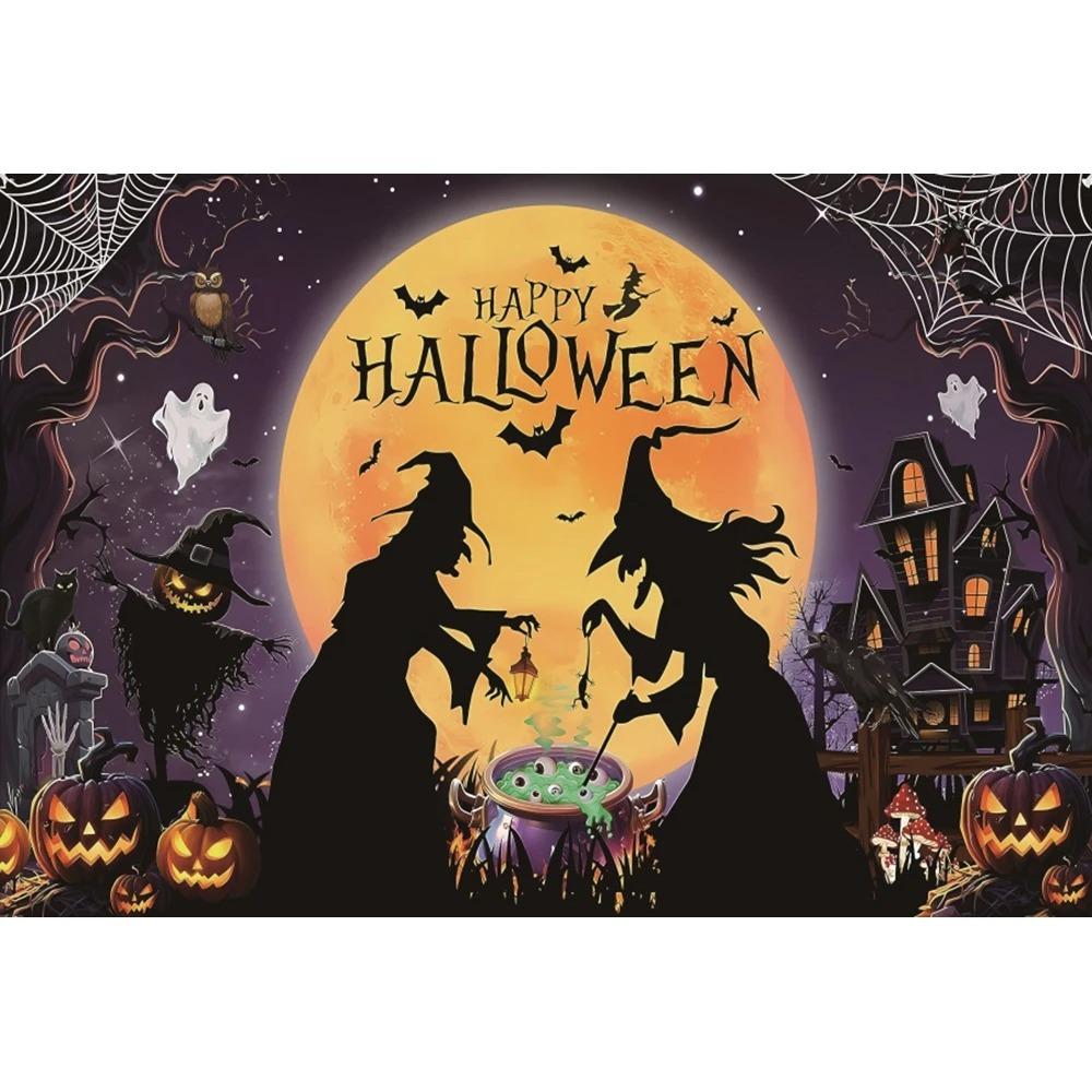 Circus Halloween Background Hanging Cloth Full Moon Night Witch Skull Carnival Party Decoration Background Photography Studio