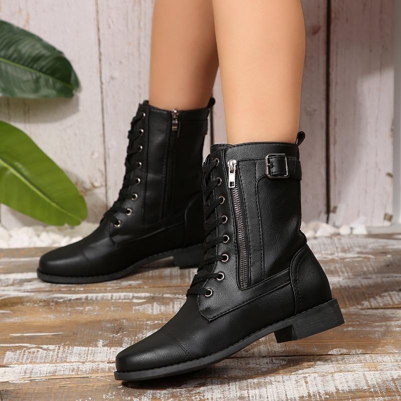 Fall New Vintage Soft Sole Mid-Tube Boots Versatile Round Toe Metal Buckle Side Zipper Flat Lace-Up Fashion Boots
