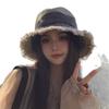 Japanese Retro Women's Denim Fisherman Bucket Hat, Distressed Sunshade for Larger Head, Face Slimming Sun Protection.