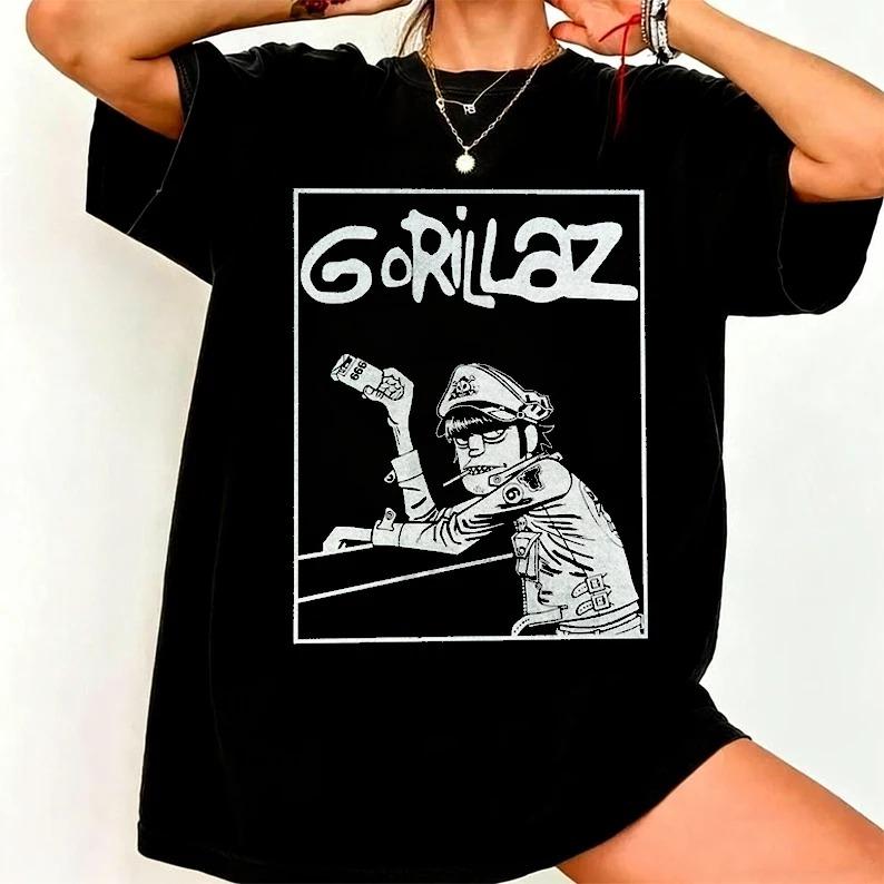 

Футболка з принтом гурту Gorillaz, коротким рукавом, альтернативна, електронна, EDM, DJ, пост-панк, футболка гурту, чоловіча, жіноча, 2026, літній стрітвеар, топ L слонова кістка