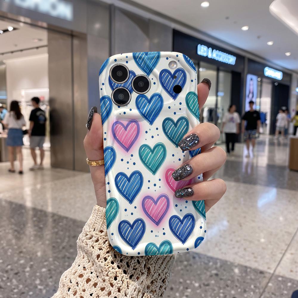 Wavy Edge Phone Case For iPhone 16 15 14 Pro Max 13 12 Mini 11 XR XS SE Sketch Striped Heart Pattern Cover