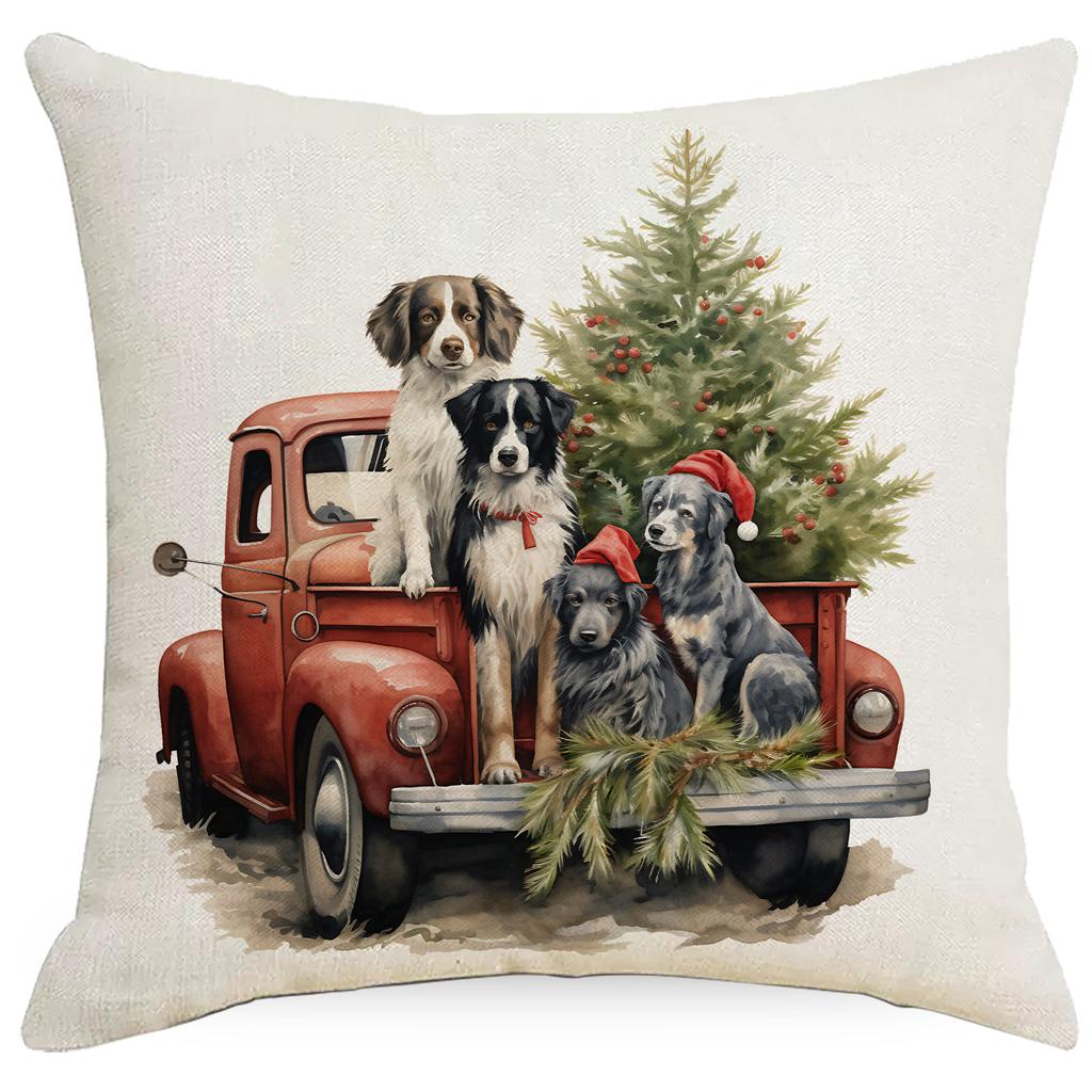 New Christmas Pillowcase Vintage Red Truck Cute Dog Christmas Tree Print Cushion Cover