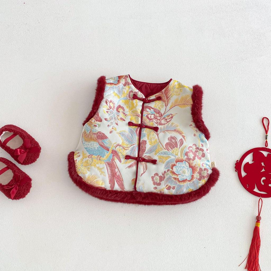2025 Children's Chinese New Year Retro Jacquard Padded Vest – Winter Outfit for Girls