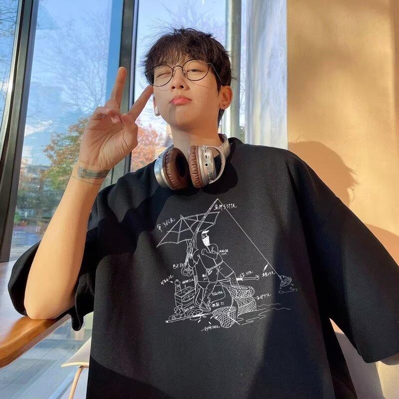 Men'S Trendy Letter Round Neck Printed Short Sleeved T-Shirt For Summer Ins Loose Casual Top