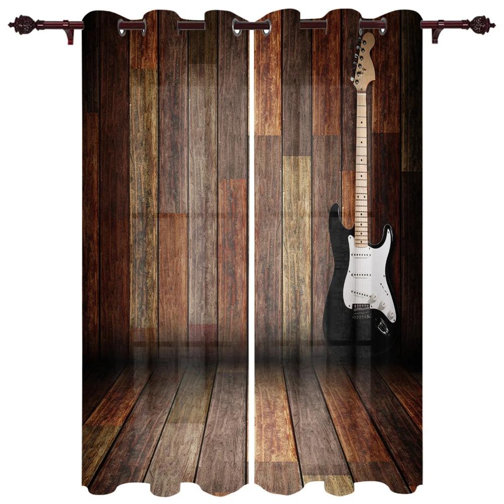 2 Pieces Music Stage Electric Guitar Instrument Design Sunshade Curtains for Living Room Bedroom Home Decoration Thin Curtains