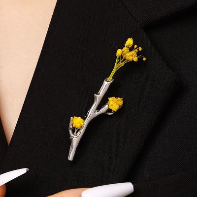 Creative Romantic Branch Shape Dried Flower Holder Lapel Pin Brooches for Women Artistic Silver Tone Twig Vase Suit Coat Jewelry