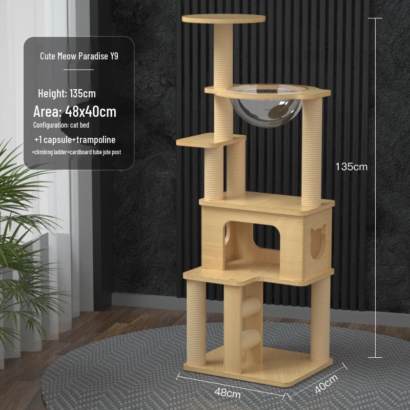 Compact Solid Wood Cat Tree with Climbing Frame & Space Capsule Bed for Large & Small Homes
