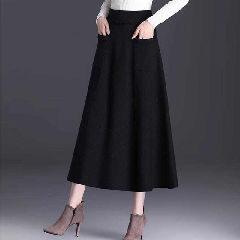 Knitted Woolen A-Line Midi Skirt - Thick, Pleated, and Slimming for Autumn/Winter