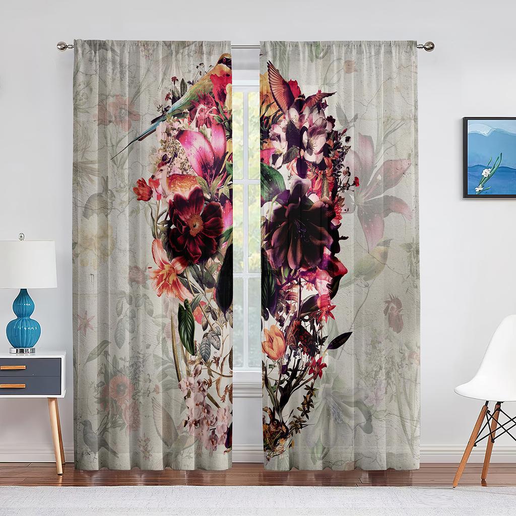 Czaszka Kwiatowy Szkielet Kolorowe Kwiaty Przezroczysta Woalowa Zasłona do Salonu Sypialni Draperia Okienna Kuchenna Szyfonowa Tiulowa Zasłona