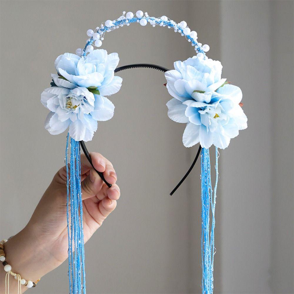 Perlenquasten-Haarreif Feder Hanfu Haaraccessoires Liebliches Blumen-Stirnband Mädchen