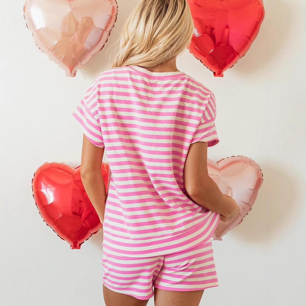 Spring/Summer Women's Minimalist Striped Short-Sleeve Two-Piece Set - Casual Homewear.
