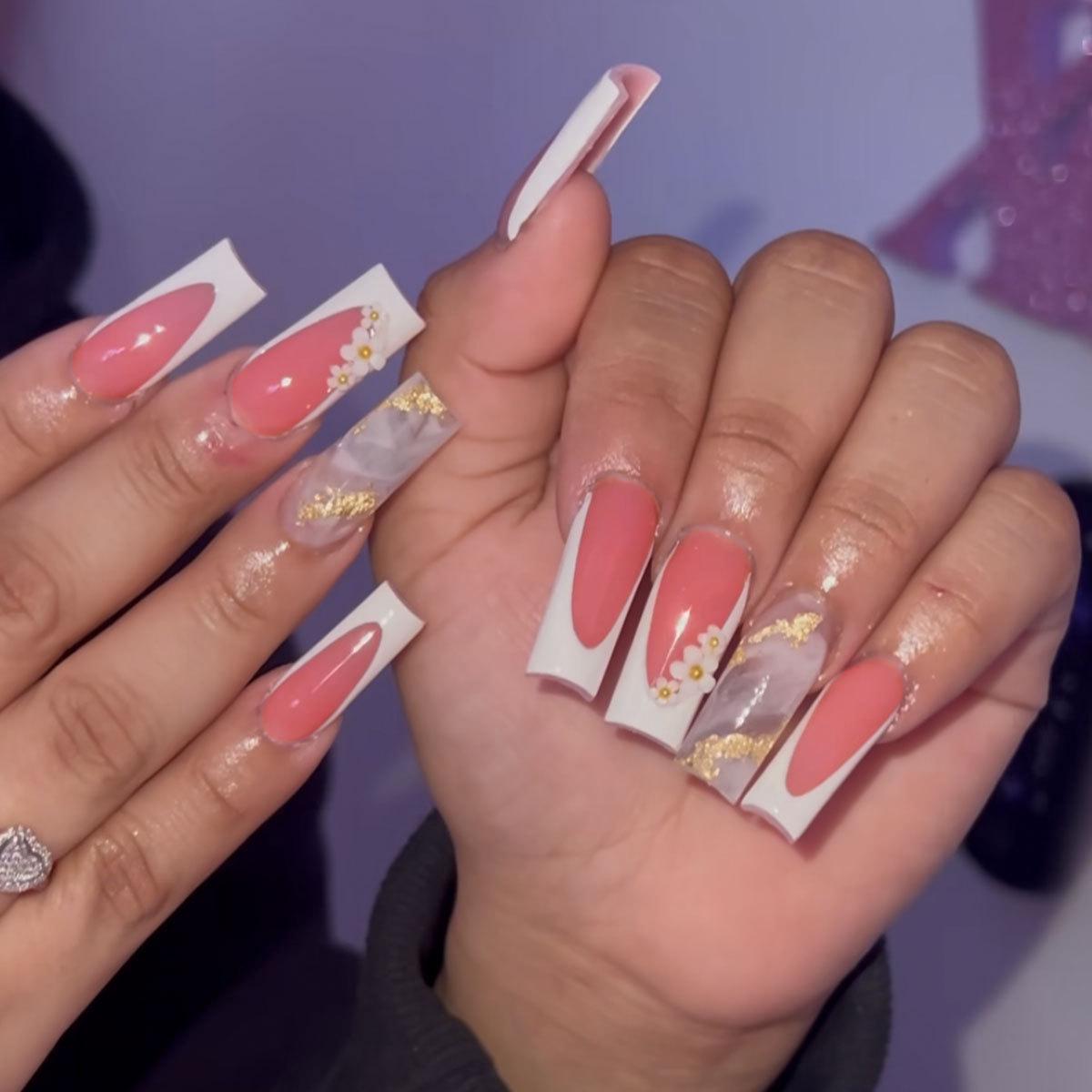 

Mid-Length Pink French Nail Tips with Gradient Gold Foil & Five-Petal Flower Design