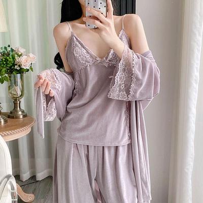 Damen Eisseide Dreiteiliger Pyjama-Set - Spitzen-Camisole, Lange Hose, Morgenmantel - Sexy Frühling/Sommer Homewear