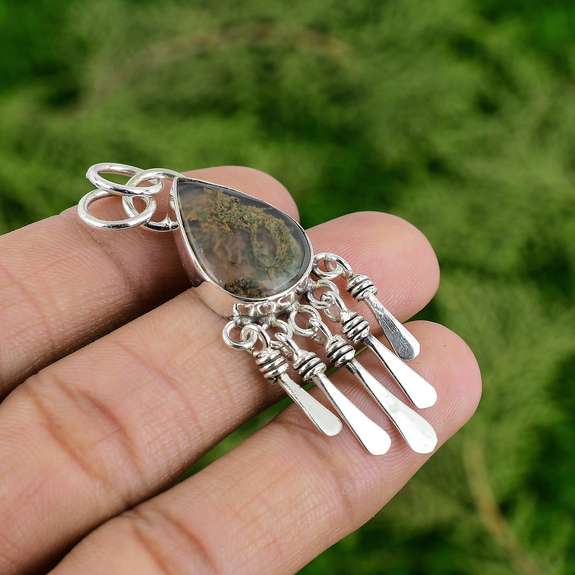 

Pear Solar Moss Agate Stone 925 Silver Bezel Sister Engagement Pendant Jewelry