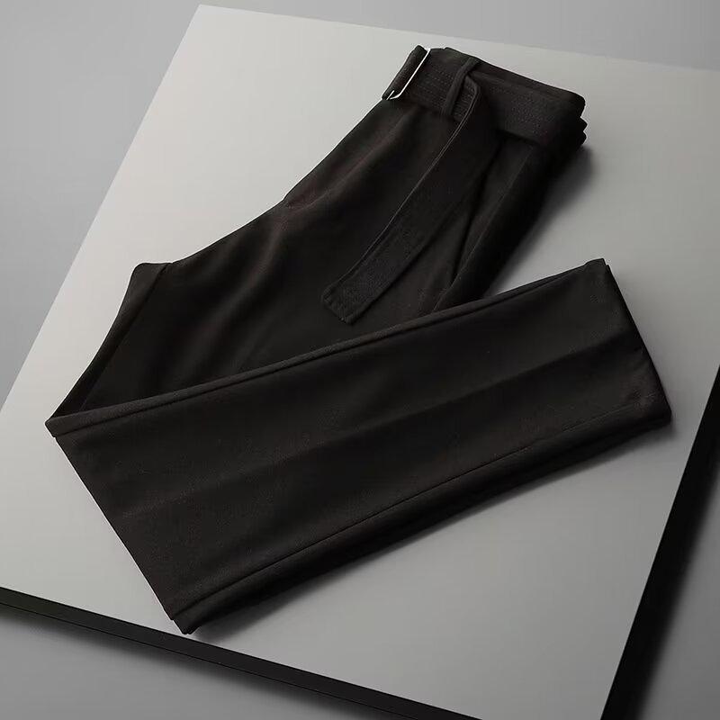 Men's Summer Ice Silk Straight Suit Trousers with Belt - Trendy and Mature Nine-Point Casual Pants