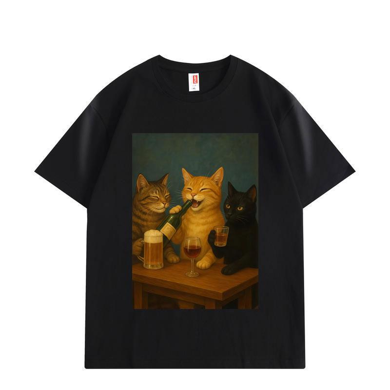 

Funny Drinking Cat Meme Graphic T-shirts High Street Fashion Trend Short Sleeve T Shirts Men Women Casual Loose T-shirt S