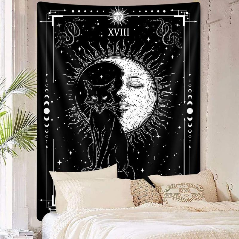 Mond Tarot Wandteppich Schwarze Katze Okkultismus Menschliches Gesicht Stern Mond Muster Wohnzimmer Schlafzimmer Akzentwand Dekoration