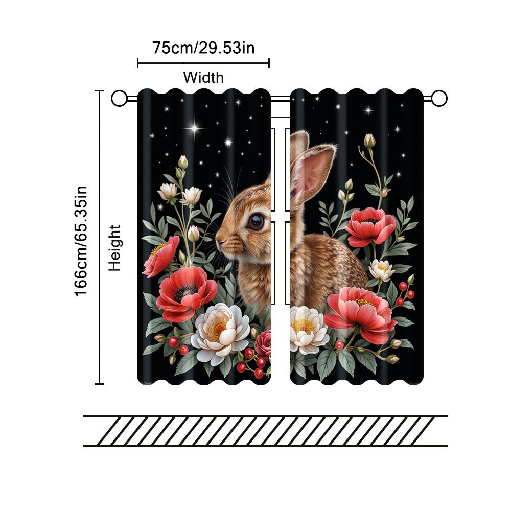 Set Of 2 Filtering Curtains Excluding Rods Non Movable Without Batteries Rabbit Floral Moon Use Bedrooms Vintage Made Polyester Master Bedroom Window