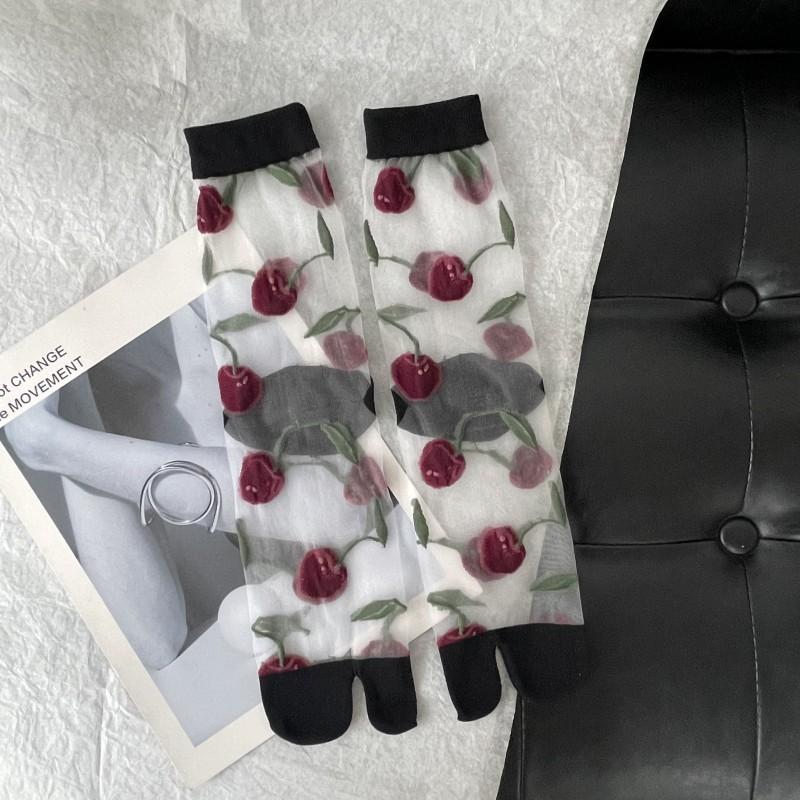 Ultra-Thin Transparent Woman Split Toe Socks Red Cherry Pattern Summer Crystal Silk Hollow Out Sheer Two-Toed Japanese Tabi Sox