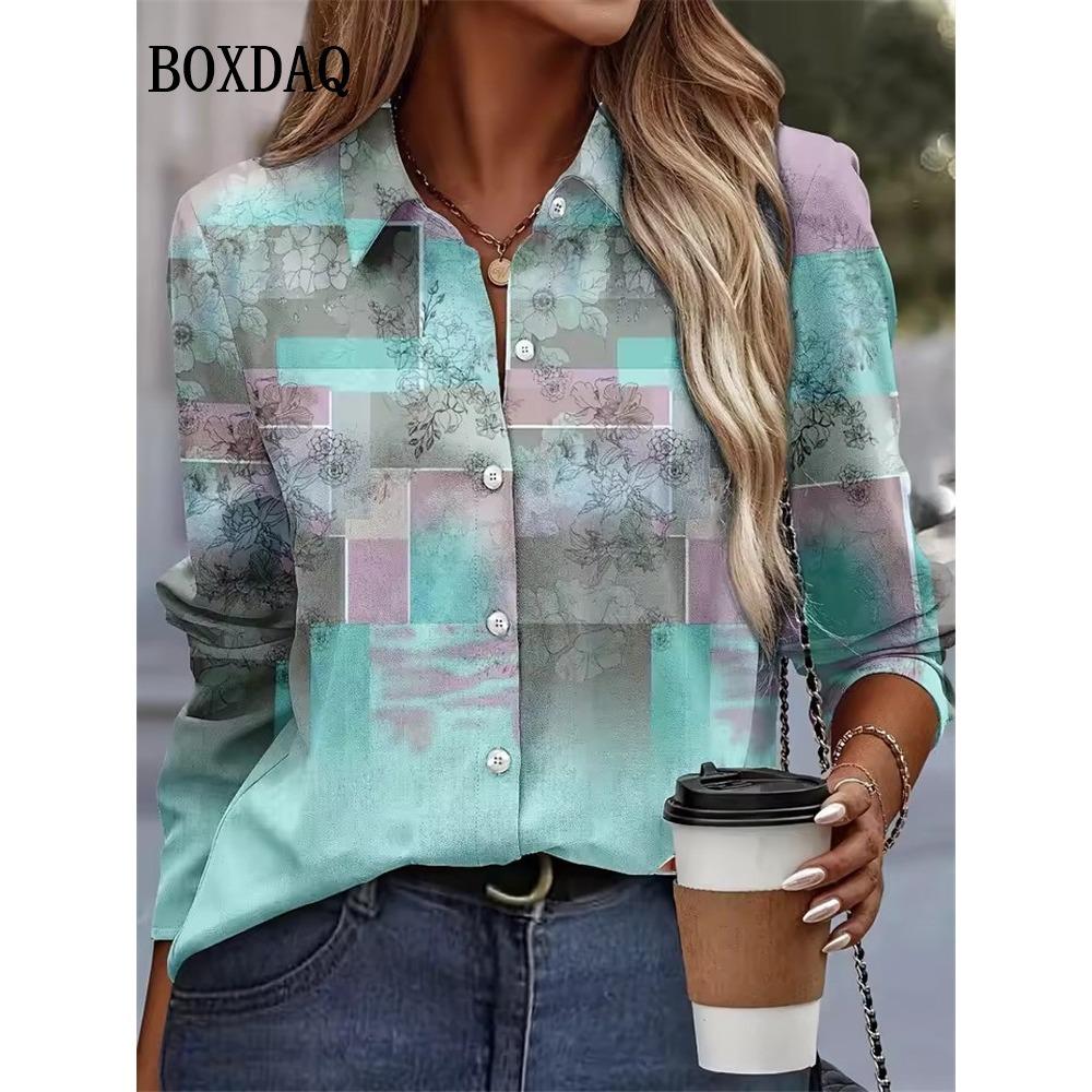 2025 Autumn New Plaid 3D Print Blouse Ladies Long Sleeve Gradient Button Laple Loose Shirts Tops Casual Fashion Women's Clothing