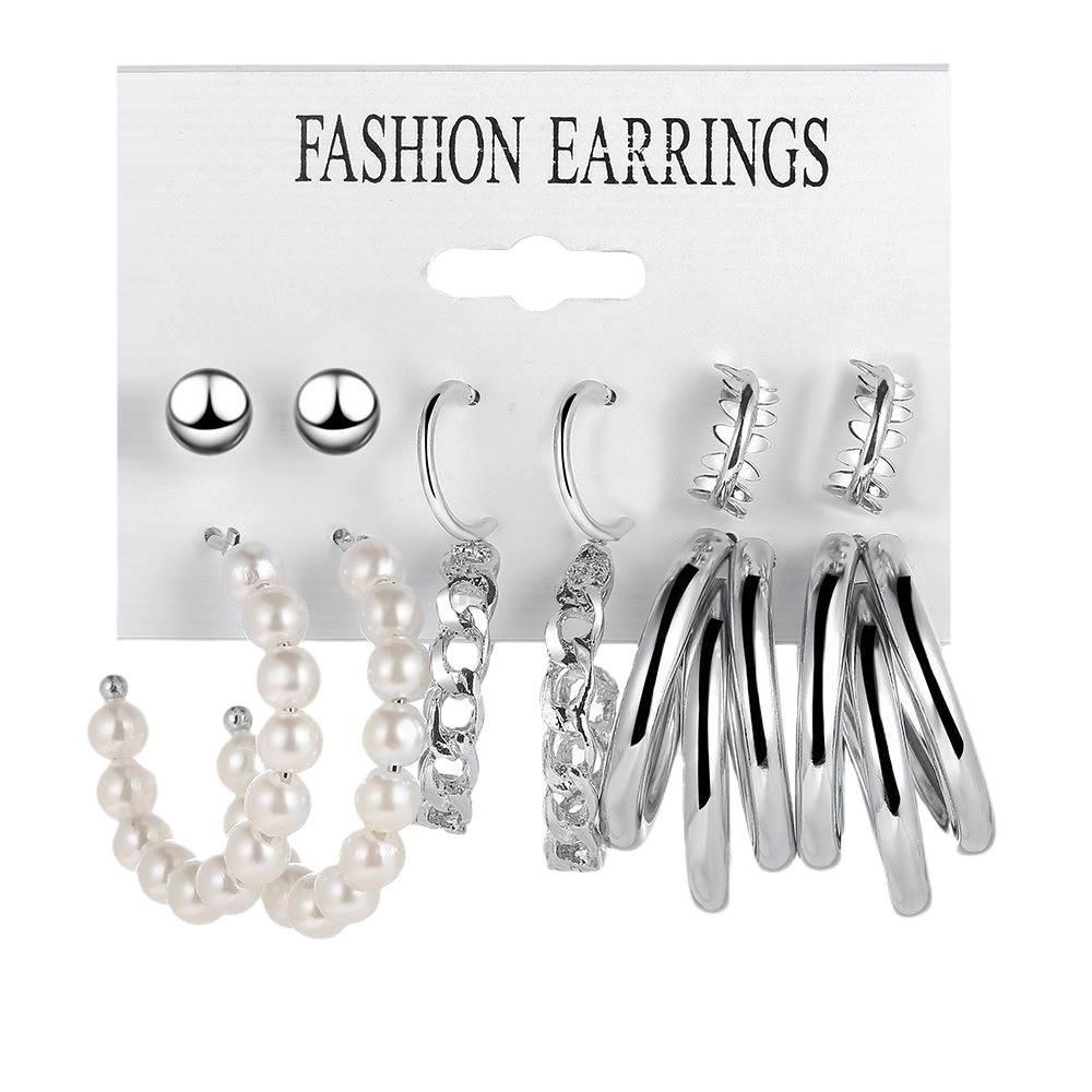 Hot European & American Geometric Pearl Circle Ear Cuffs & Round Bead Stud Earring Set