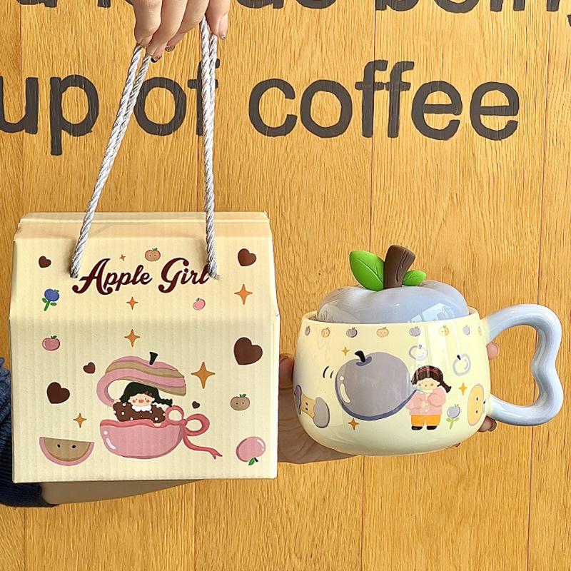Birthday Gift for Girls Cute Fruit Girl Ceramic Mug with Lid Couple Best Friend Souvenir Gift Box