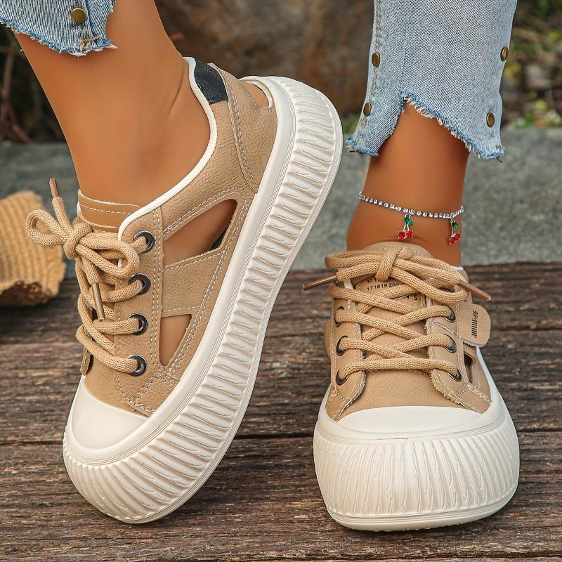 Women'S Chunky Platform Sneakers - Breathable Cut-Out Design, White Low-Top Lace-Up Shoes with Transparent PVC Sole, Comfortable All-Day Wear